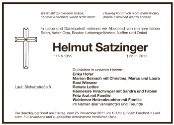 Traueranzeige von Helmut Satzinger von Pegnitz-Zeitung